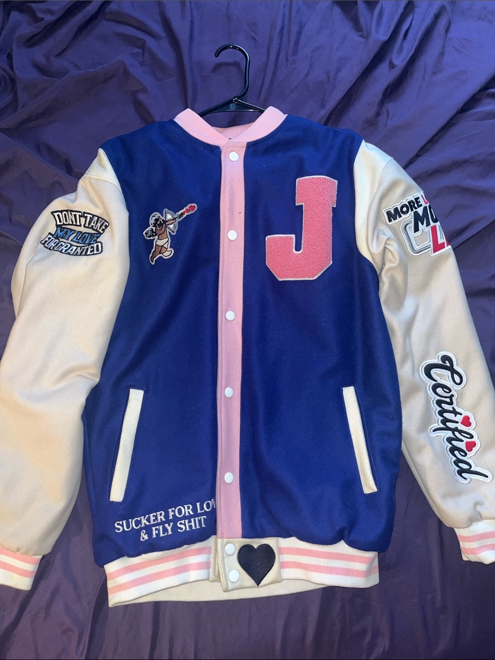 Navy and Cream Varsity Jacket with Pink Trim certified lover girl